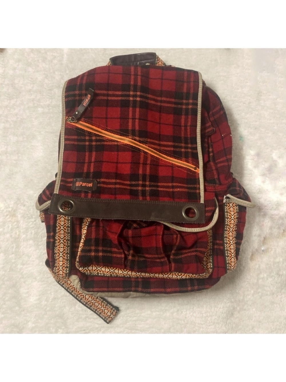 Parcel Red Plaid Tartan Backpack Utility Bag Compartments Boho Cabincore